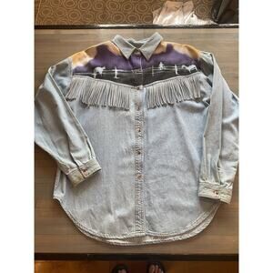 Vtg Wanted By Beads Denim Fringe Western Scene Cowgirl Bead Button Up Shirt